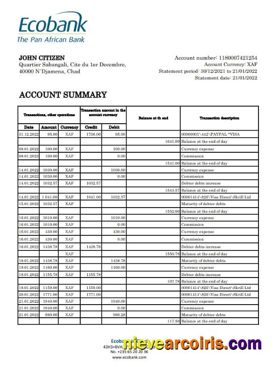 Chad Ecobank bank statement